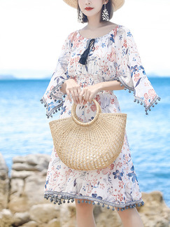 White Colorful Loose Printed Tassel Knee Length Floral Dress for Casual Beach