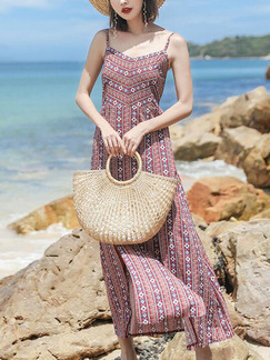 Red Colorful Slim Printed Furcal Maxi Slip Dress for Casual Beach