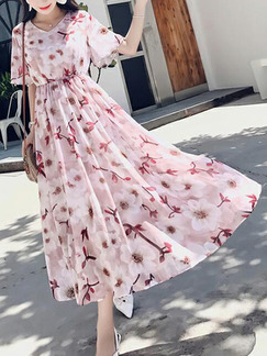 Pink Colorful Slim Printed High-Waist Maxi Floral Dress for Casual Beach Party
