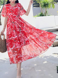 Red Colorful Slim Printed High-Waist Maxi Dress for Casual Party