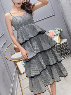 Gray Slim Grid Ruffle Midi Slip Dress for Party Evening Cocktail