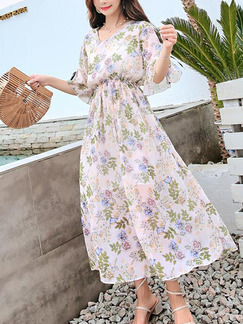 Colorful Slim Floral High-Waist Maxi V Neck Dress for Casual Party Beach