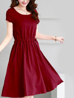 Wine Red Loose Band Knee Length Fit & Flare Plus Size Dress for Casual Party
