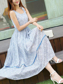 Blue Slim Floral High-Waist Maxi  Dress for Casual Party