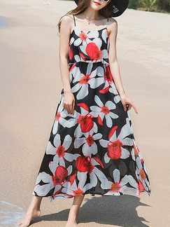 Black White and Red Loose Printed Maxi Floral Slip Dress for Casual Party Beach