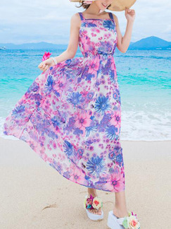 Lake Blue and Purple Slim Printed High-Waist Maxi Dress for Casual Party Beach