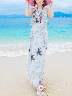 Colorful Loose Printed Hang Neck Maxi Slip Floral Dress for Casual Beach