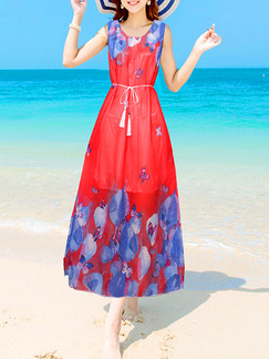 Red and Royal Blue Loose Located Printing Maxi  Dress for Casual Beach