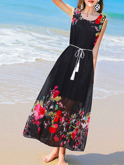 Black and Colorful Loose Located Printing Maxi  Dress for Casual Beach