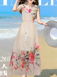 Beige and Colorful Loose Located Printing Maxi  Dress for Casual Beach