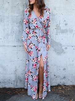 Colorful Slim Printed Band Maxi Floral V Neck Long Sleeve Dress for Casual Beach