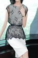 White and Black Slim Contrast Lace Above Knee Dress for Casual Party Office