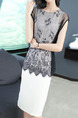 White and Black Slim Contrast Lace Above Knee Dress for Casual Party Office