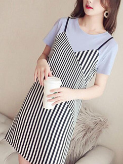 Blue Black and White Slim Seem-Two Stripe Above Knee Shift Dress for Casual Party
