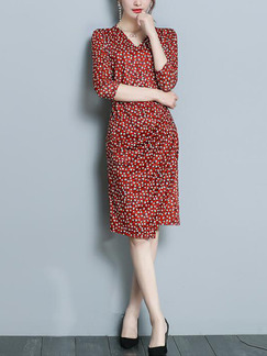 Red  Slim Printed Over-Hip Knee Length V Neck Sheath Dress for Casual Office Party