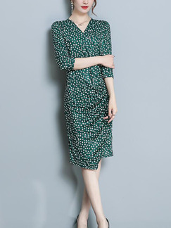 Green Slim Printed Over-Hip Knee Length V Neck Sheath Dress for Casual Party Office
