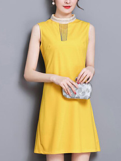 Yellow Slim Pleated Back Above Knee Shift Dress for Casual Party Evening Nightclub