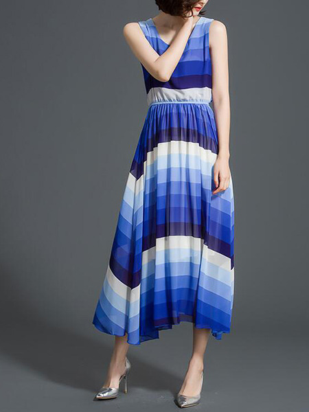 Blue and White Loose Contrast High Waist Maxi  Dress for Casual Party Beach