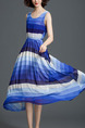 Blue and White Loose Contrast High Waist Maxi  Dress for Casual Party Beach