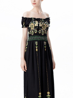 Black and Yellowgreen Slim Printed High Waist Maxi Floral Off Shoulders Dress for Casual Party