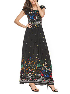 Black Colorful Slim Printed High Waist Maxi Floral Off Shoulders Dress for Casual Party
