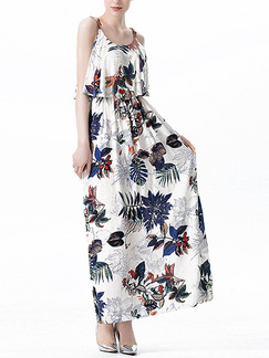White and Colorful Loose Printed Maxi Tropical Dress for Casual Party Beach