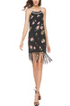 Black Colorful Slim Printed Tassel Above Knee Floral Slip Shift Dress for Casual Party