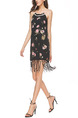 Black Colorful Slim Printed Tassel Above Knee Floral Slip Shift Dress for Casual Party