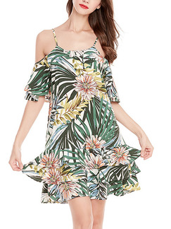 Colorful Loose Printed Off-Shoulder Above Knee Tropical Slip Dress for Casual Party Beach