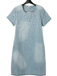 Blue Loose Denim Bead Above Knee Shift Plus Size Dress for Casual Party
