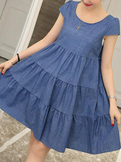 Navy Blue Loose Denim Full-Skirt Above Knee Shift Plus Size Dress for Casual Party