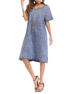 Blue Loose Denim Midi Shift Dress for Casual Party