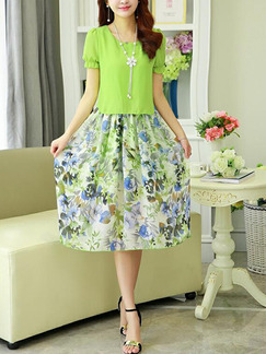 Green and Colorful Loose Linking Printed Midi Floral Dress for Casual Party