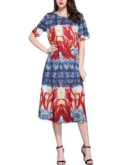 Colorful Loose Printed Midi Shift Dress for Casual Party