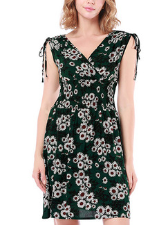 Green White Colorful Slim Printed Above Knee V Neck Floral Dress for Casual