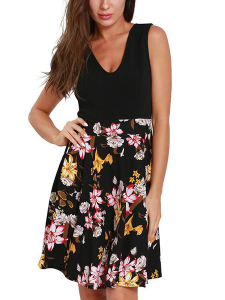 Black and Colorful Slim Linking Printed Above Knee Floral Dress for Casual Party