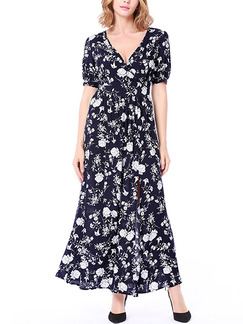 Black Slim Printed High Waist Maxi Floral V Neck Dress for Casual Party
