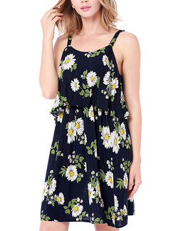 Blue White and Green Loose Sling Printed Above Knee Floral Slip Dress for Casual Party Beach