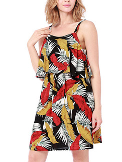 Colorful Loose Sling Printed Above Knee Slip Tropical Dress for Casual Party