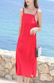 Red Slim Sling Furcal Midi Slip Shift Dress for Casual Beach