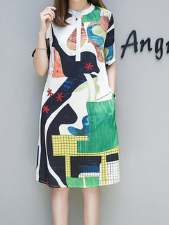 Colorful Loose Printed Knee Length Shift Plus Size Dress for Casual Party