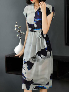 Gray Slim Contrast Located Printing Midi Plus Size V Neck Dress for Casual Party