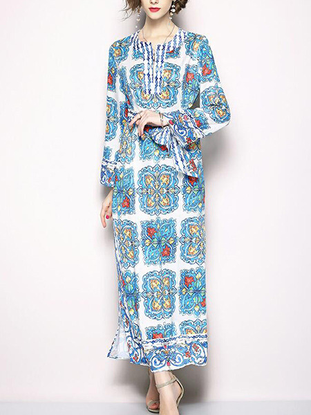 Colorful Slim Printed Band Maxi Long Sleeve Plus Size Dress for Casual Party