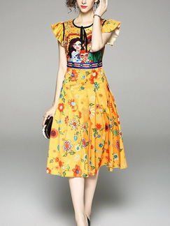 Yellow and Colorful Slim Printed Pleated Midi Plus Size Fit & Flare Floral Dress for Casual Party