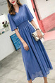 Navy Blue Slim Chiffon High Waist Maxi V Neck Dress for Casual Party Office Evening
