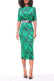 Green Slim Printed Over-Hip Midi Bodycon Dress for Party Evening Cocktail