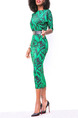 Green Slim Printed Over-Hip Midi Bodycon Dress for Party Evening Cocktail