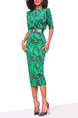 Green Slim Printed Over-Hip Midi Bodycon Dress for Party Evening Cocktail