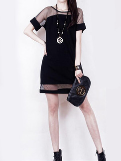 Black Slim Linking Mesh See-Through Above Knee Shift Plus Size Dress for Casual Party