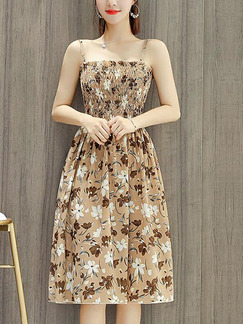 Khaki Colorful Loose Printed Midi Slip Fit & Flare Dress for Casual Party